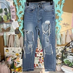 Fashion Nova Button Fly High Rise Distressed Jeans Womens Sz.XS Ripped Destroyed